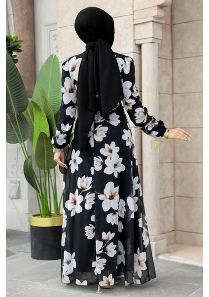 Çiçek Desenli Siyah Tesettür Elbise 27946S fırsatları