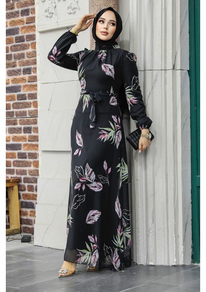 - Çiçek Desenli Siyah Tesettür Elbise 27949S