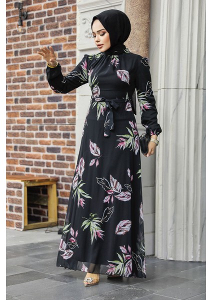- Çiçek Desenli Siyah Tesettür Elbise 27949S fiyatları