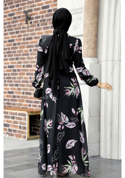 - Çiçek Desenli Siyah Tesettür Elbise 27949S modelleri