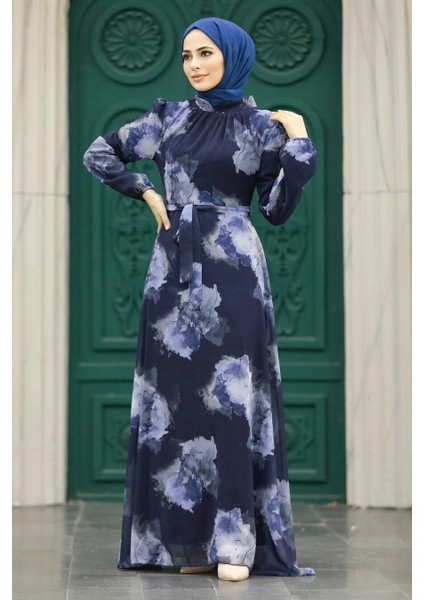Desenli Lacivert Tesettür Elbise 279313L