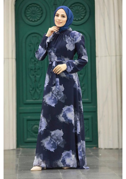 Desenli Lacivert Tesettür Elbise 279313L fiyatları