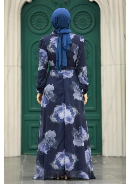 Desenli Lacivert Tesettür Elbise 279313L modelleri