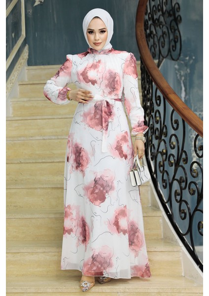 Desenli Somon Tesettür Elbise 279313SMN