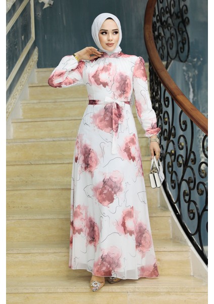 Desenli Somon Tesettür Elbise 279313SMN modelleri