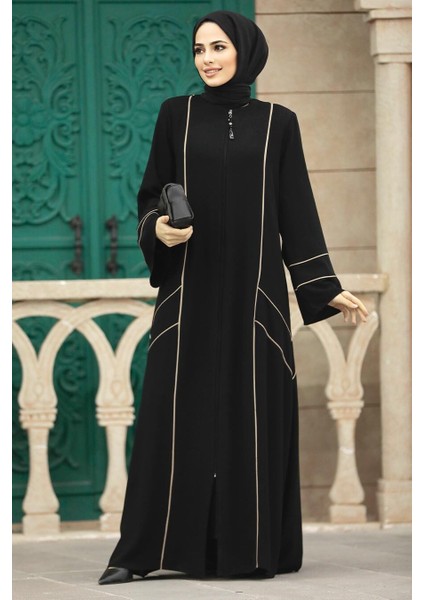 - Fermuarlı Siyah Tesettür Rabia Krep Ferace 35162S