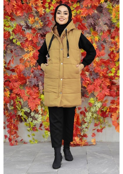 - Kapşonlu Bisküvi Tesettür Şişme Yelek 20093BS