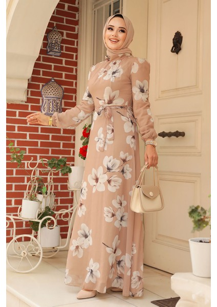 Çiçek Desenli Bisküvi Tesettür Elbise 279314BS