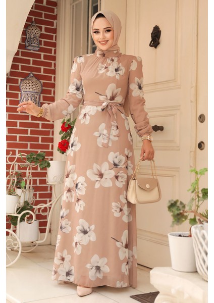 Çiçek Desenli Bisküvi Tesettür Elbise 279314BS fiyatları
