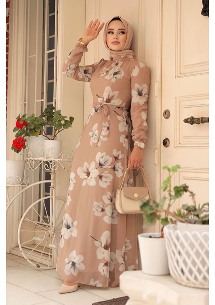 Çiçek Desenli Bisküvi Tesettür Elbise 279314BS modelleri