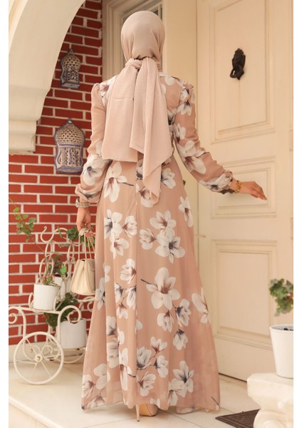 Çiçek Desenli Bisküvi Tesettür Elbise 279314BS fırsatları