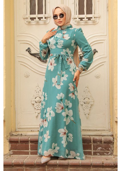 - Çiçek Desenli Çağla Yeşili Tesettür Elbise 279314CY