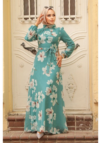 - Çiçek Desenli Çağla Yeşili Tesettür Elbise 279314CY fiyatları