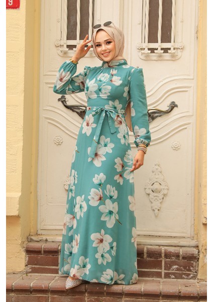 - Çiçek Desenli Çağla Yeşili Tesettür Elbise 279314CY modelleri