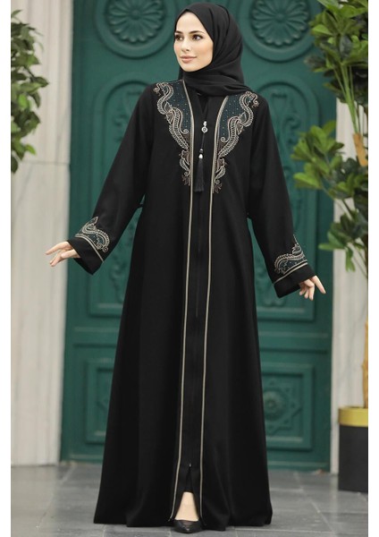 - Desenli Fermuarlı Tesettür Abaya 41565DSN2