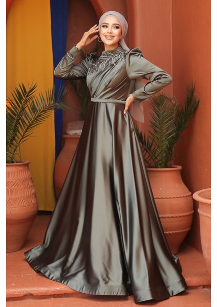 Boncuk Işlemeli Haki Saten Tesettür Abiye Elbise 22401HK
