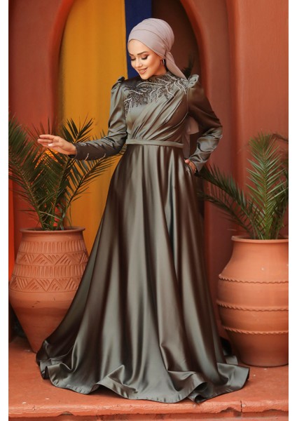 Boncuk Işlemeli Haki Saten Tesettür Abiye Elbise 22401HK fiyatları