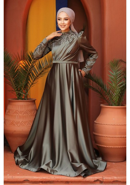 Boncuk Işlemeli Haki Saten Tesettür Abiye Elbise 22401HK modelleri