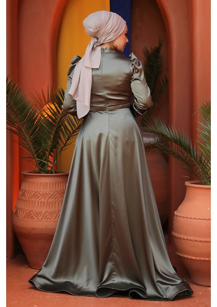 Boncuk Işlemeli Haki Saten Tesettür Abiye Elbise 22401HK fırsatları