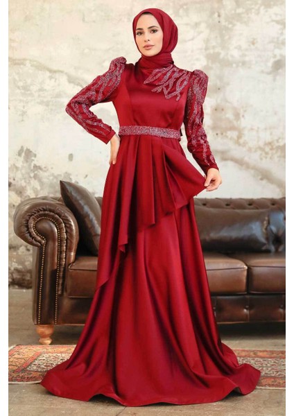 Tesettürlü Abiye Elbise - Boncuk Işlemeli Bordo Saten Tesettür Abiye Elbise 22671BR