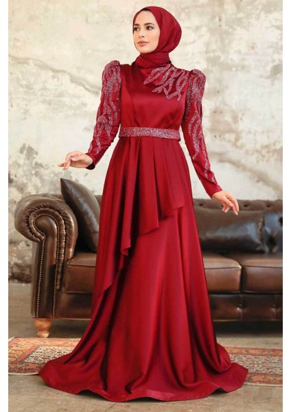 Tesettürlü Abiye Elbise - Boncuk Işlemeli Bordo Saten Tesettür Abiye Elbise 22671BR fiyatları