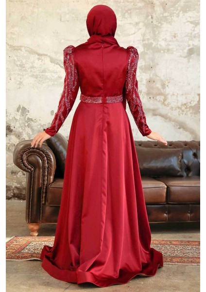 Tesettürlü Abiye Elbise - Boncuk Işlemeli Bordo Saten Tesettür Abiye Elbise 22671BR modelleri