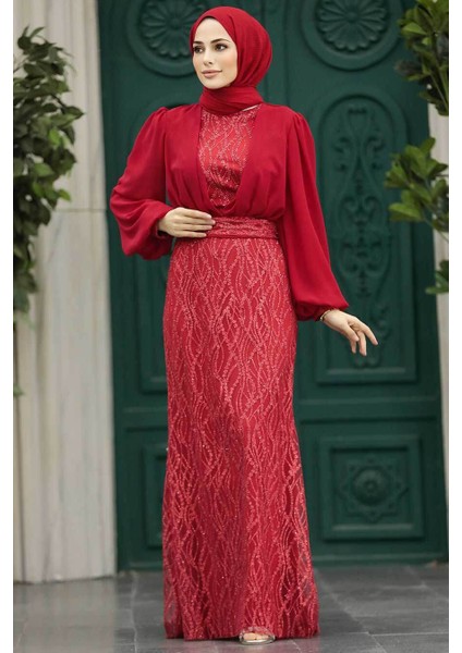 Tesettürlü Abiye Elbise - Pul Payet Işlemeli Kırmızı Tesettür Abiye Elbise 22213K