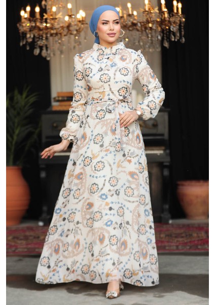 - Çiçek Desenli Ekru Tesettür Elbise 279326E