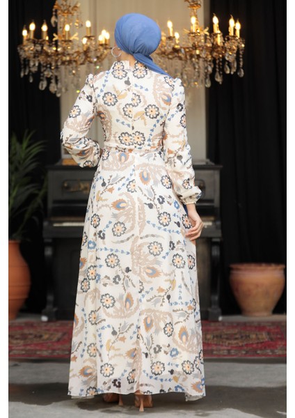- Çiçek Desenli Ekru Tesettür Elbise 279326E modelleri