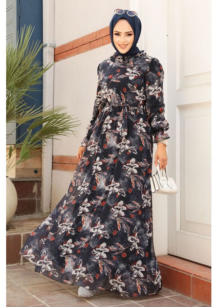 Çiçek Desenli Siyah Tesettür Elbise 29710S