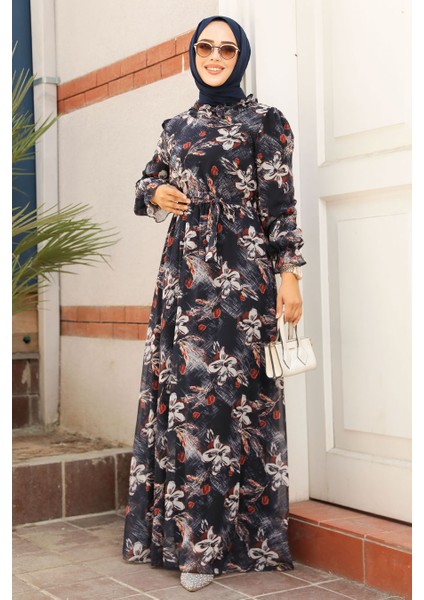 Çiçek Desenli Siyah Tesettür Elbise 29710S fiyatları