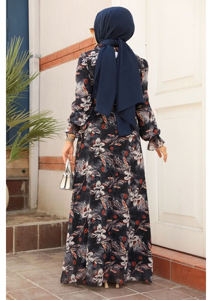 Çiçek Desenli Siyah Tesettür Elbise 29710S modelleri