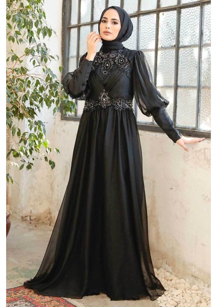 Tesettürlü Abiye Elbise - Boncuk Işlemeli Siyah Saten Tesettür Abiye 25822S fiyatları