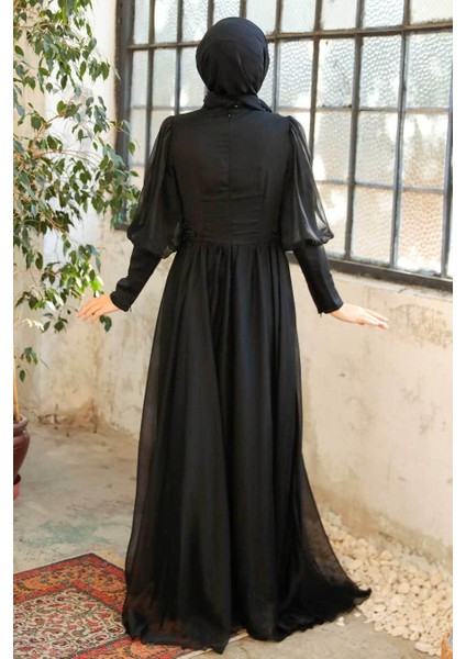 Tesettürlü Abiye Elbise - Boncuk Işlemeli Siyah Saten Tesettür Abiye 25822S modelleri