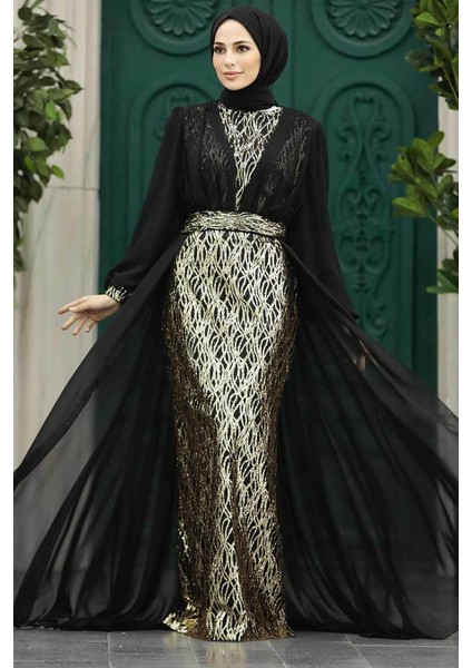 Tesettürlü Abiye Elbise - Pelerin Detaylı Siyah Tesettür Abiye Elbise 50173S