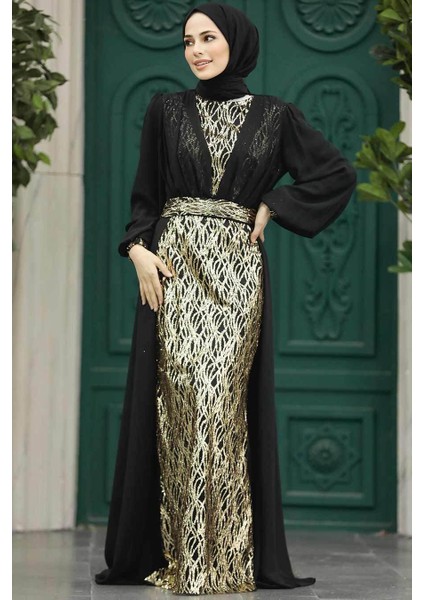 Tesettürlü Abiye Elbise - Pelerin Detaylı Siyah Tesettür Abiye Elbise 50173S fiyatları