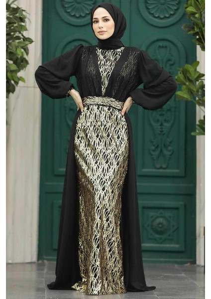 Tesettürlü Abiye Elbise - Pelerin Detaylı Siyah Tesettür Abiye Elbise 50173S modelleri