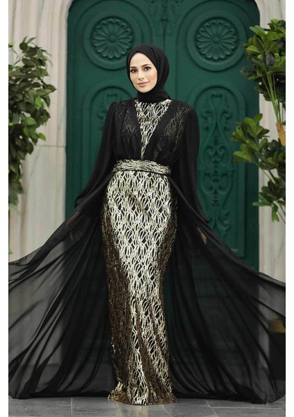 Tesettürlü Abiye Elbise - Pelerin Detaylı Siyah Tesettür Abiye Elbise 50173S fırsatları