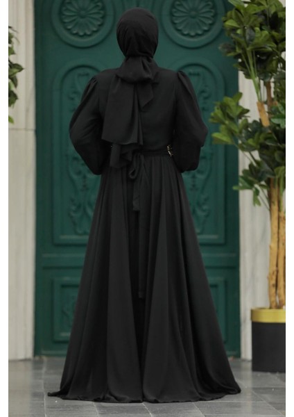 Tesettürlü Abiye Elbise - Pelerin Detaylı Siyah Tesettür Abiye Elbise 50173S indirimleri