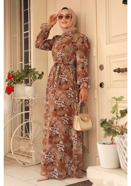 Çiçek Desenli Taba Tesettür Elbise 29710TB