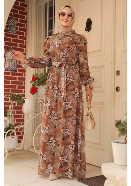 Çiçek Desenli Taba Tesettür Elbise 29710TB fiyatları