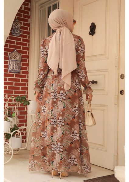 Çiçek Desenli Taba Tesettür Elbise 29710TB modelleri