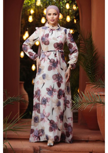 - Çiçek Desenli Gül Kurusu Tesettür Elbise 279325GK
