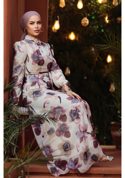 - Çiçek Desenli Gül Kurusu Tesettür Elbise 279325GK modelleri
