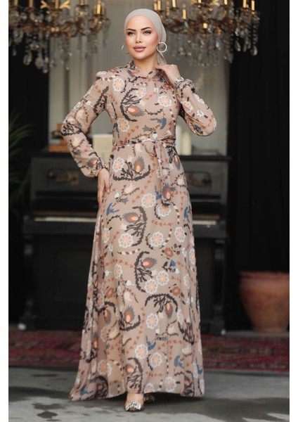 - Çiçek Desenli Vizon Tesettür Elbise 279326V