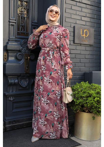 - Çiçek Desenli Gül Kurusu Tesettür Elbise 29710GK