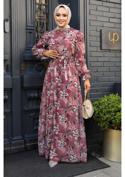 - Çiçek Desenli Gül Kurusu Tesettür Elbise 29710GK fiyatları