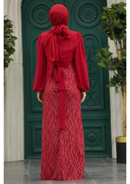 Tesettürlü Abiye Elbise - Pul Payet Işlemeli Kırmızı Tesettür Abiye Elbise 22213K modelleri