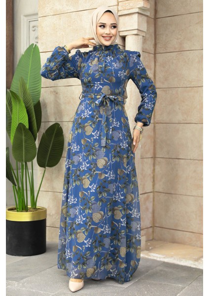 Çiçek Desenli İndigo Mavisi Tesettür Elbise 279327IM
