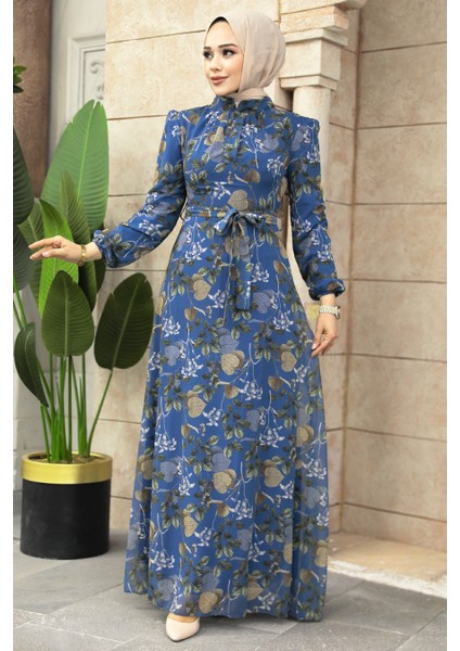 Çiçek Desenli İndigo Mavisi Tesettür Elbise 279327IM fiyatları